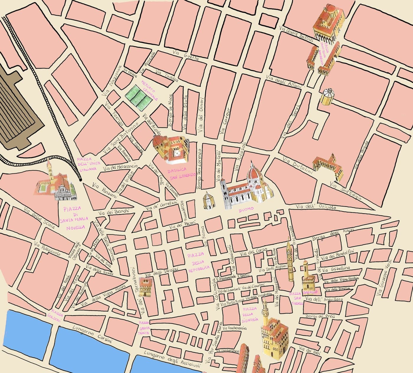 Carte illustree du jeu de piste a Florence pour enfants